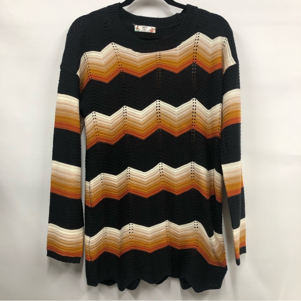 FCT Women's XL Black Tan Chevron Knit Retro 70s Style Sweater